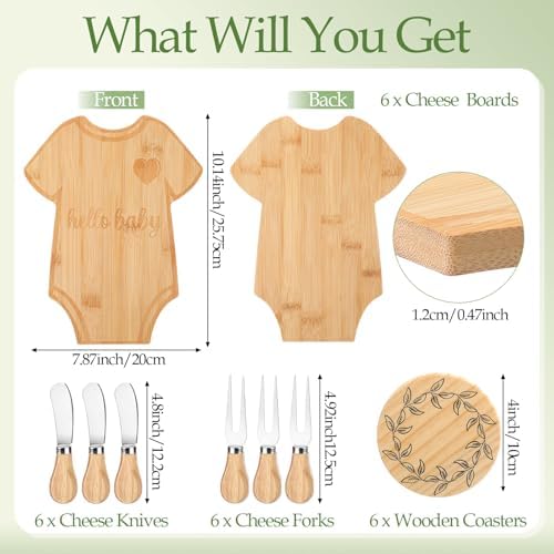 Honeydak 49 Pcs Baby Shower Prizes for Game Players 6 Sets Babysuit Shaped Bamboo Cheese Board Fork Knives Coasters Towel Potted Plant Thanks Card Gift Bag for Baby Bridal Shower Wedding Favors - Image 2