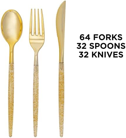 Luxe Party 128 Pieces Two Tone Plastic Disposable Cutlery | Forks-Spoons-Knives | Full Size | Chic Round | Glitter and Gold - Image 3