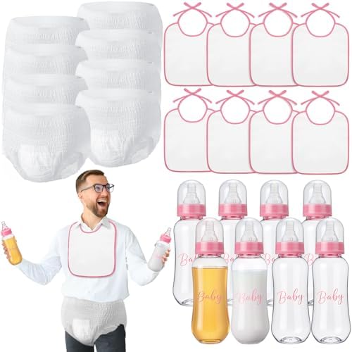 8 Sets Bottle Chug Baby Shower Games Juegos Para Plastic Baby Bottles Bibs Disposable Diapers Gender Reveal Games Baby Changing Diaper Race Game Decoration (Pink) by giftlyze