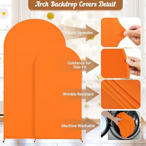 Orange Arch Backdrop Cover 2 Set - 7.2FT, 6FT Spandex Fitted Wedding Arch Stand Covers Round Top Chiara Arch Backdrop Stands Cover for Birthday Parties Banquet Photo Background Decoration - Image 5