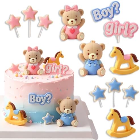12-Piece Gender Reveal Cake Topper Set with Bear Star Rocking Horse Picks by Unknown