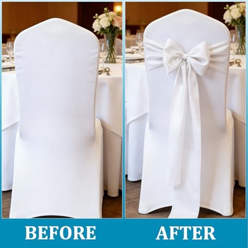 25 Pcs White Chair Sashes, Wedding Bow Decor 108in x 7in, Polyester Fabric Sash Ties for Banquet Seating, Folding Chairs, Reception Aisle, Party Decorations - Image 3