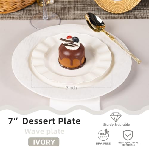 72 Pack Ivory Plastic Plates, 7" Disposable Wave Edge Dessert Plates - Image 2