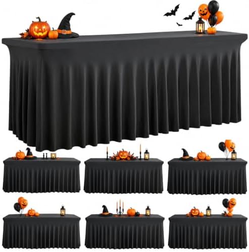 Spandex Tablecloth 8FT Rectangle Table Cover 6 Pack Black Wrinkle-Free by Outpain