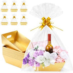 10 Pack Gold Gift Baskets Empty, 10x8x3.5" Thick Paper Basket with 10 Clear Bags and 10 Gold Bows, Empty Gift Baskets for Christmas Valentine Easter Birthday Anniversary Luxury Wrapping by AFOROEOA