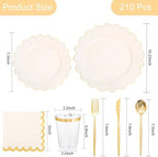 LIYH 210Pcs Ivory Scalloped Plastic Plates, Gold Rim Dinnerware Set Party - Image 2