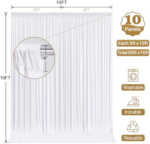 50x10FT Backdrop Curtains with Rod Pockets - Wrinkle Free Photo Stage Backdrop 10 Panels Curtains Drapes for Photography Wedding Party Baby Shower Decorations (White) - Image 6
