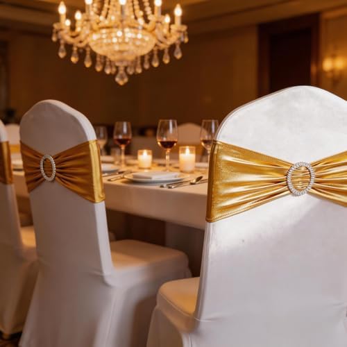Gold Chair Sashes 50 Pack, Elastic Gold Chairs Bows Bands with Buckle Slider for Wedding Party Birthday Christmas Decor - Image 6