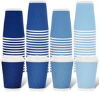 Whaline 100 Pcs Summer Dusty Blue Disposable Coffee Cups with Lids 12 Oz Gradient Blue Paper Cups Corrugated Ripple Wall Insulated Hot Cup for Home Office Party Supplies by Whaline