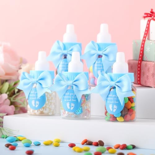 Teenyyou 48 Sets 3.5 Inch Blue Mini Baby Bottles for Baby Shower Party Favor Game Plastic Milk Bottles with Thank You Showering Stickers and Bows Thank You Gifts for Guests Candy Decor - Image 6