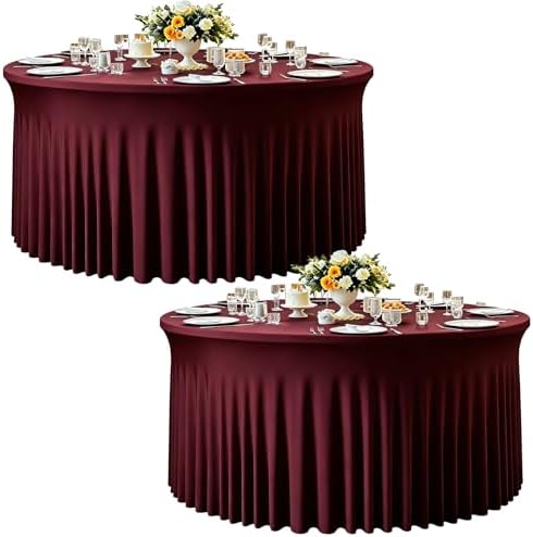 2 Pack Burgundy Table Cloth for 5FT Round Tables, Fitted Spandex 120 inch Round Tablecloth Wrinkle Free Table Skirt for Receptions Birthday Photography Party Social Events Engagement Party Decoration by Creativepartyuniquedecorat