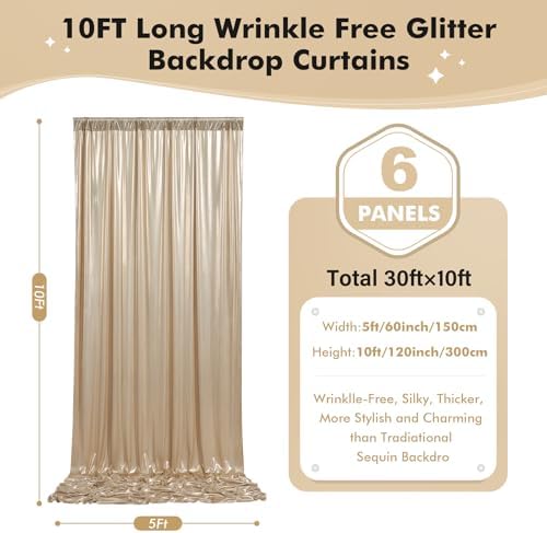 30ftx10ft Shimmer Champagne Sequin Backdrop Curtain for Parties, Wrinkle Free Glitter Sparking Backdrop Drapes Photo Back Drop Cloth for Wedding Birthday Photography Background -6 Panels 5x10ft - Image 5