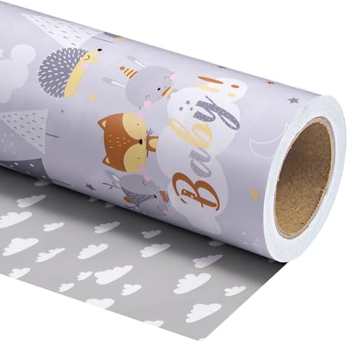 WRAPAHOLIC Jumbo Reversible Baby Shower Wrapping Paper - 30 Inch x 100 Feet Jumbo Roll - Grey Animal Design Neutral Baby Shower, Boys Girls Kids Birthday by WRAPAHOLIC
