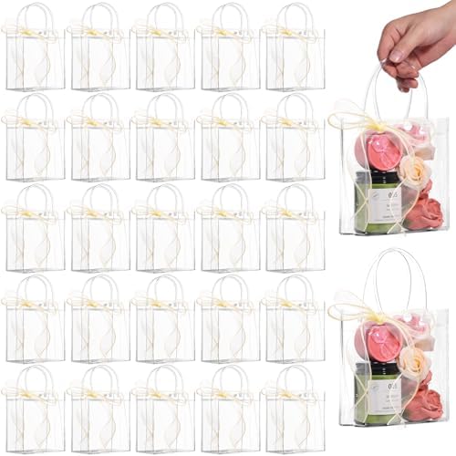 WDSHCR 80 PCS Clear Plastic Gift Bags with Handles, Party Favor Bags with Ribbons, Reusable Goodie Tote Bags for Wedding, Baby Shower, Birthday (Clear 5.1 x 5.9 x 2.8, 80 Pack) by WDSHCR
