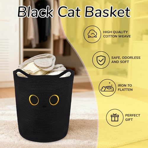 Tall Black Cat Laundry Basket for Nursery, Cute Large Woven Cotton Rope - Image 2