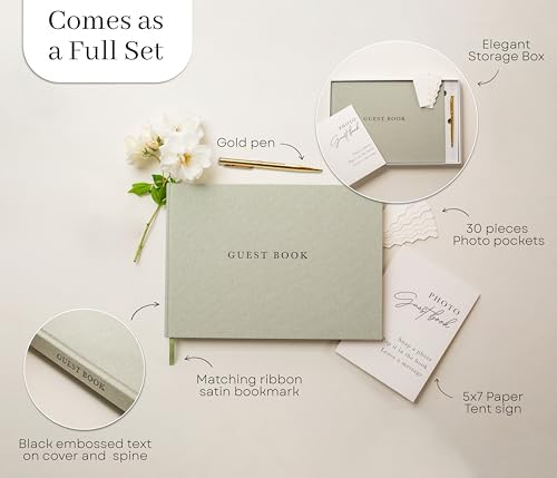 Real Linen Guest Book Set - 11.5 x 8.5 Embossed Guestbook for Weddings, Showers, Events, Blank & Lined, Comes with Sign, Pen, Box and Photo Sleeves, 120 Pages (Leaf) - Image 4