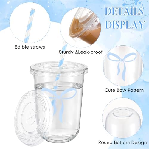 LemonRoad 100sets 16oz Blue Bow Cups Blue Birthday Party Decorations Supplies Cute Plastic Cups Disposable with Lids and Straws, for Valentines Galentines Day Christmas Wedding Baby Shower Decorations - Image 4