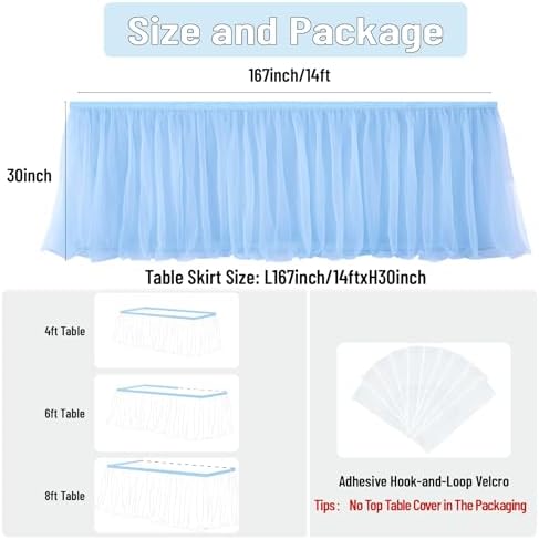 167in Baby Blue Tulle Table Skirts for Rectangle Tables 6/8ft, 2-Layer Gold Grim Ruffle Tulle Tutu Blue Cloth Table Skirt 14ft Decor Boy Birthday Party Baby Shower Cake Dessert Tables(No Table Cover) - Image 6