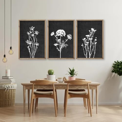 Flower Plant Wall Art Decor 24"x16" Set of 3 Black And White Wood Black - Image 3