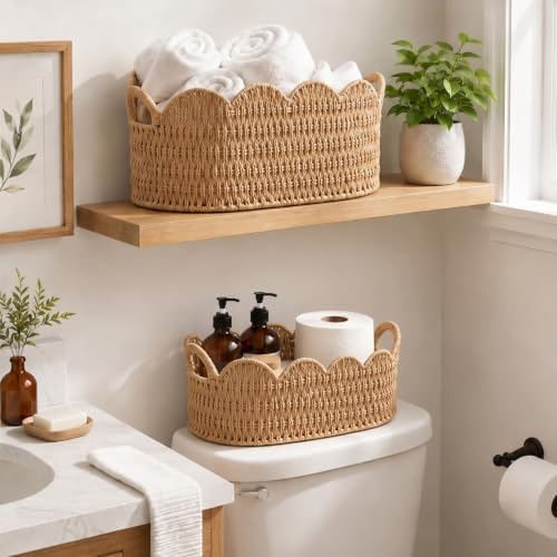 Coeusy Paper Rope Scalloped Basket Set of 2, Wicker Storage Baskets for Shelves,Gifts,Books,Toys,Cute Decor Rattan Baskets for Organizing,Natural Color - Image 6