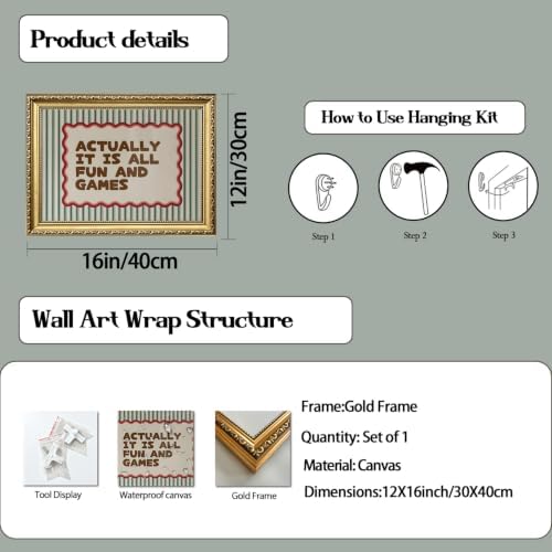 Vintage Gold Framed Wall Art Actually It Is All Fun And Games Sign Wall Decor Picture Funny Playroom Quote Striped Poster Canvas Painting Print for Kids Game Room Bedroom 12x16 inch - Image 2