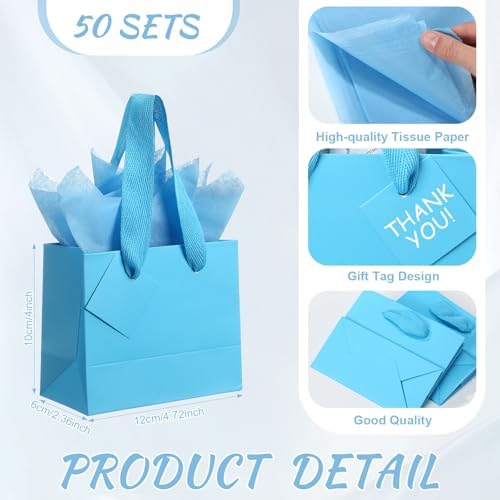 Qilery 50 Pcs Wedding Paper Gift Bags Bulk with Tissue Paper Small Gift Bags with Handle and Tags for Birthday Wedding 4th of July Party Business(Light Blue,4.7 x 2.4 x 3.9'') - Image 2