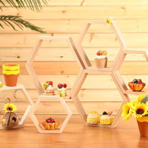 Gerrii Honey Comb Decorations 5 Size Wood Hexagon Shelves,Wood Color,10 Pcs - Image 2