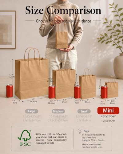 qiqee 600-Packs Brown Paper Gift Bags with Handles Bulk 4.5"x2.5"x6" Mini Size Paper Bags Multiple Uses - Image 2