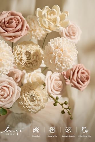 Ling's moment Fake Flowers Box, Faux Artificial Greenery Stems Foam Dahlia Roses Silk Willow Fabic Flower for Centerpieces Bouquet Wedding Vase Decorations, Dusty Rose & Cream & Blush, Grand Combo - Image 3