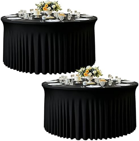 2 Pack 132inch Black Round Tablecloth, Circle Stretch Table Cloths for 6 FT Tables, Wrinkle Free Round Table Skirt for Wedding Birthday Photography Graduation Ceremonies Retirement Party Decorations by Creativepartyuniquedecorat