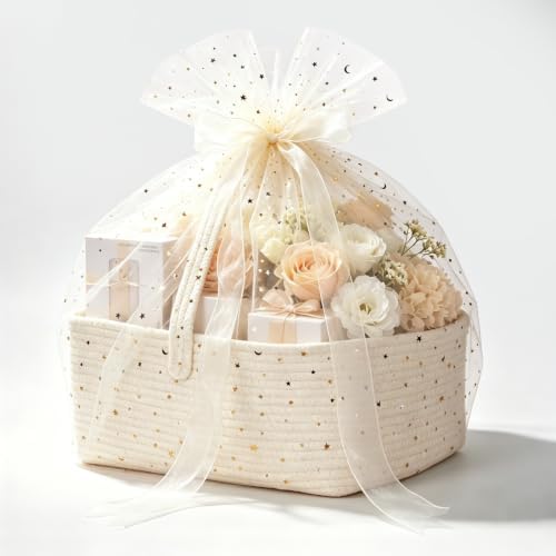 Large Woven Basket for Gifts Empty, Storage Basket 15" x 11" x 6.5" with Glitter Tulle, Ribbon and Card Paper, One-Handle Design, DIY Time for Holiday Gifts, Baby & Pet Toys, Graduation - White by Unknown