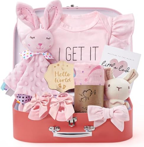 Golray Baby Shower Gifts for Girls, Baby Girl Gifts Baskets with Rattle, Blanket/Bodysuit Set, New Born Essential Stuff, Gender Reveal Ideas Infant New Born Baby Girls Gift Basket by Golray