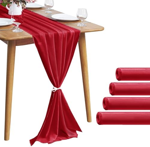 Pufogu 5 Pack 10Ft Red Chiffon Table Runner Sheer 29x120 Inch by Pufogu