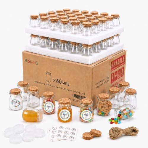 AIXIANG 60 Pack 3.5 oz Glass Jars with Cork Lids & Airtight Plastic Seals - Small Glass Bottles for Wedding Favors, Baby Shower, Spices - Complete DIY Kit with Thank You Stickers, Tags & Twine (100ml) by AIXIANG