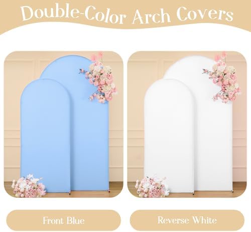 White Blue Arch Backdrop Covers 7.2FT 6FT Party Wedding Arch Covers Stretchy Backdrop Set of 2 Baby Shower Bridal Shower Photo Birthday Spandex Baby Blue Arch Cover - Image 3