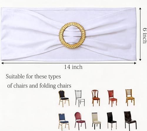 Pack of 50 White Chair Sashes with Gold Buckles Spandex Chair Bands Bows - Image 3