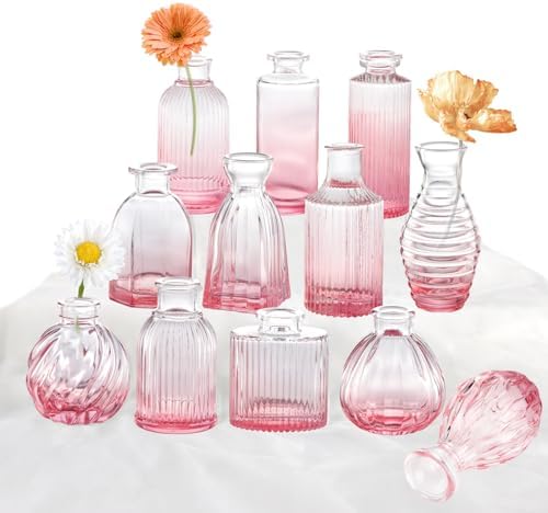 Pink Vase, Glass Bud Vases Set of 12, Small Pink Glass Vases for Flowers Colored Ribbed Flower Vase for Decor Bud Vase in Bulk Vintage Decor Bridal Shower Wedding Centerpieces Home Table Decoration by PHUNTTEK
