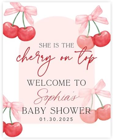 Andaz Press Personalized She's The Cherry on Top Baby Shower Decorations, Custom Modern Arch Cherry Themed Party Decorations Baby Shower Welcome Sign Decor, 16x20 Inch by AndazPress