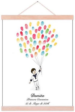 Customized Baby Shower Guest Book Alternative Little Boy and Balloons Painting Primera Communion Gifts DIY Fingerprint Signing Book with Wooden Hanger Ready to Hang-60x80cm by Unknown