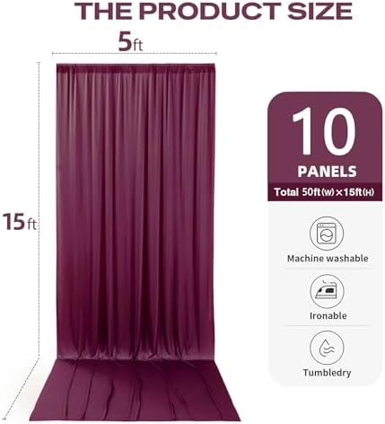 50ftx15ft Burgundy Backdrop Curtains for Parties, Wrinkle Free Polyester Burgundy Photo Backdrop Drapes 10 Panels 15 ft Long Back Drop Cloth for Wedding Birthday Photography Background Party - Image 5