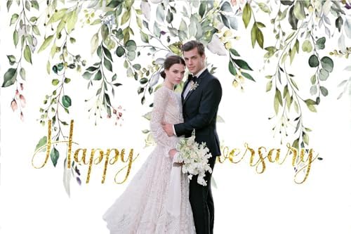Leowefowa 9x6ft Vinyl Happy Anniversary Backdrop Green Gold Eucalyptus Leaves Photography Background Wedding Bridal Decorations Baby Shower Gender Reveal Photo Party Banner Photo Booth Props - Image 2