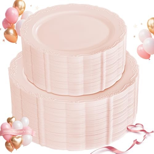 U-QE 100PCS Mauve Pink Plastic Plates - Heavy Duty Pink Disposable Plates by U-QE