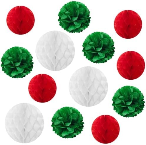 allydrew Christmas Pom Pom and Honeycomb Ball Party Decorations for Xmas, Winter, Holidays, Weddings, Birthdays (Set of 13), Red, Green, White by allydrew