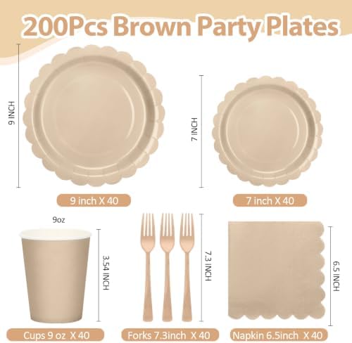 200Pcs Brown Party Plates and Napkins, 9’’ Disposable Scalloped Khaki Paper Plates and 7’’ Dessert Plates Cups Napkins Forks Party Supplies for Birthday, Wedding, Baby Shower Decorations, Serves 40 - Image 2