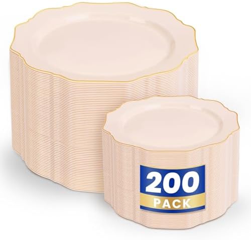 WDF 200PCS Pink Plastic Plates - Pink and Gold Plastic Plates - Include 100 Dinner Plate and 100 Cake Plate for Wedding/Bridal Shower/Tea party by WDF