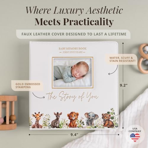 Baby Book Keepsake - Timeless Baby Memory Book for Boy or Girl I First 5 Year I Faux Leather, Gender Neutral, Safari Theme w/Gold Foil Stamp - Baby First Year Book Journal Scrapbook Photo Album Shower - Image 6