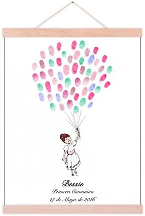 Customized Communion Gift Fingerprint Guest Book Canvas for Baby Shower Decorations Girl Holding Balloons DIY Thumbprint Painting with Wooden Hanger Ready to Hang-80x120cm by Unknown