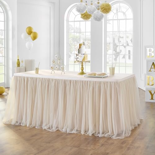 156in Champagne Gold Tulle Table Skirts for Rectangle Tables 8ft 6ft 4ft, 2-Layer Beige Ruffle Tulle Tutu Cloth Table Skirt 13ft for Wedding Party Birthday Baby Shower Cake Dessert(No Table Cover) - Image 4