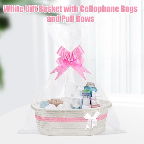 Gift Basket, Hamper Kit, Empty Hamper Basket with Cellophane Bags and Pull Bows, Rope Gift Baskets with Handles, Woven Gift Baskets for Baby Shower, Wedding, Birthday, Housewarming (White-pink) - Image 2