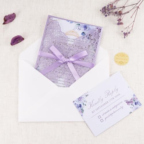 Purple Wedding Invitation Cards 50pcs Blank Inner Sheets Pre-tied Ribbons - Image 6